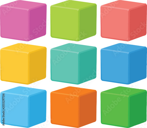 Colorful 3D toy blocks set, nine vibrant plastic cubes in a grid, isometric geometric square elements for educational games and preschool learning