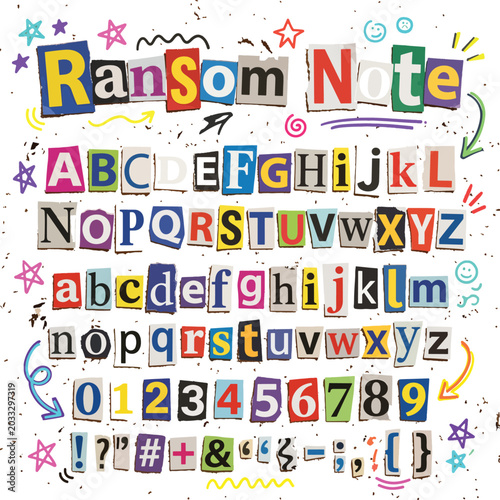 Colorful Ransom Note Alphabet Letters and Numbers on Confetti Background