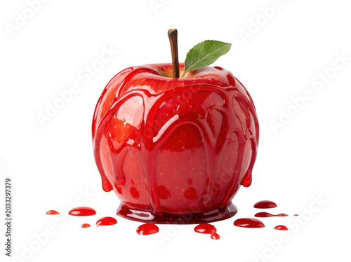 Fresh red apple covered in sweet glossy syrup isolated on transparent background