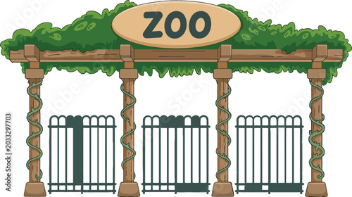 Cartoon zoo entrance gate with wooden pillars and green vines, safari park portal with ZOO sign, botanical garden archway vector illustration