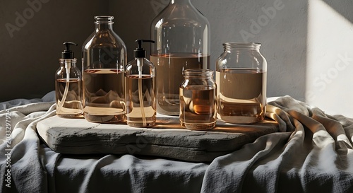 Clear glass bottles filled with bulk hand sanitizer on a natural stone slab with draped fabric for a minimalist sustainable wellness or spa environment