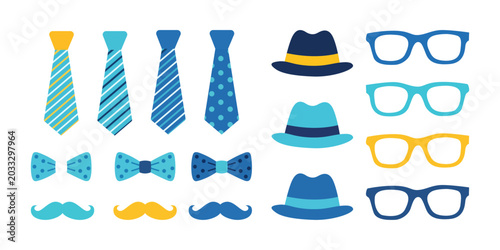 Tableau sur toile Set of colorful mens accessories including ties, bow ties, fedora hats, eyeglass