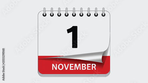 November 1st calendar icon vector, daily organizer page with curled corner, first day of the month schedule reminder for planning and events