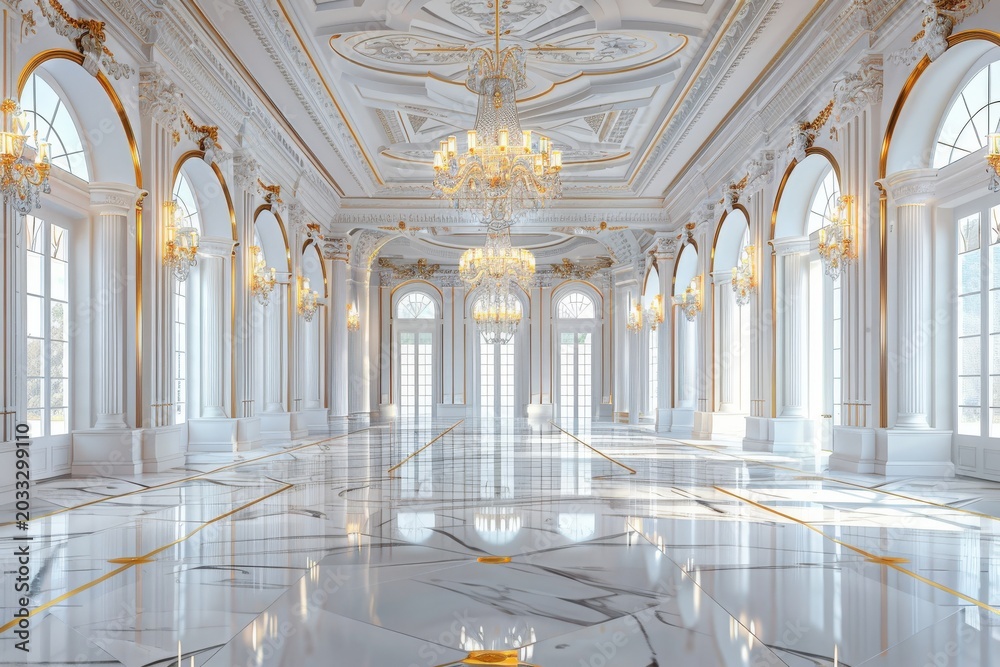 Fototapeta premium A grand, opulent ballroom with gleaming marble floors, intricate gold detailing, and majestic chandeliers, bathed in bright, natural light.