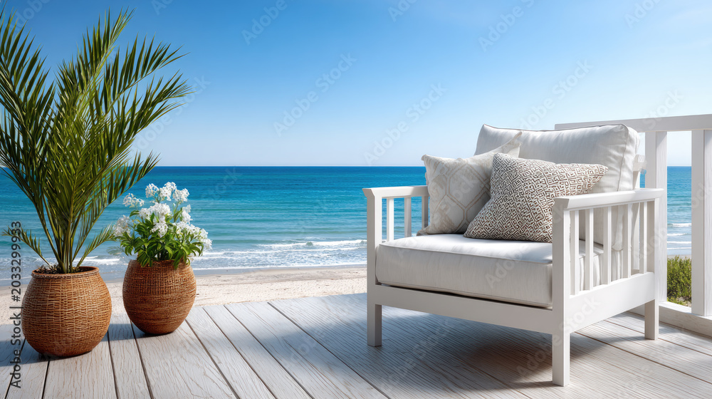 Obraz premium White outdoor seating area on a wooden deck overlooking a calming blue ocean and sandy beach, creating a perfect serene tropical vacation getaway destination