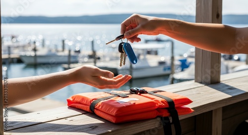 Handing over boat keys and life jacket at marina office