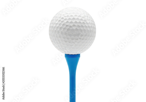 White golf ball on blue tee ready for swing