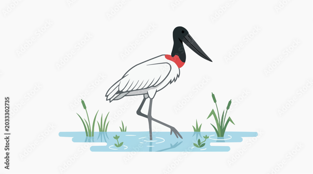 Fototapeta premium Jabiru stork wading in shallow water with reeds and aquatic plants PNG Isolated on transparent background