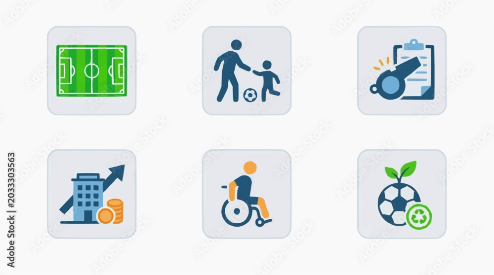 Fototapeta premium Set of six icons representing football related concepts like stadium, coaching, business, disability and sustainability PNG Isolated on transparent background