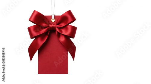 Red gift tag with a satin ribbon bow isolated on transparent background