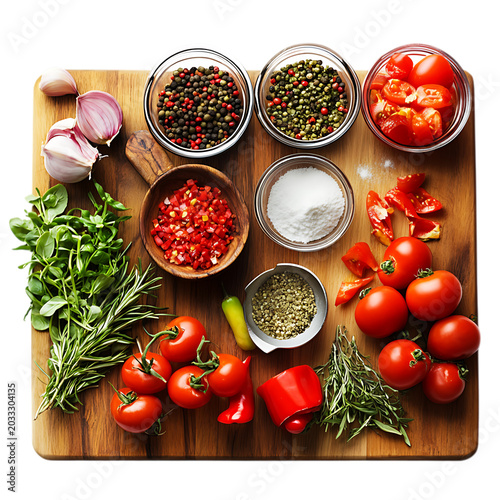 Fresh ingredients for cooking on a wooden cutting board, including tomatoes, garlic, herbs, and various spices isolated on transparent background