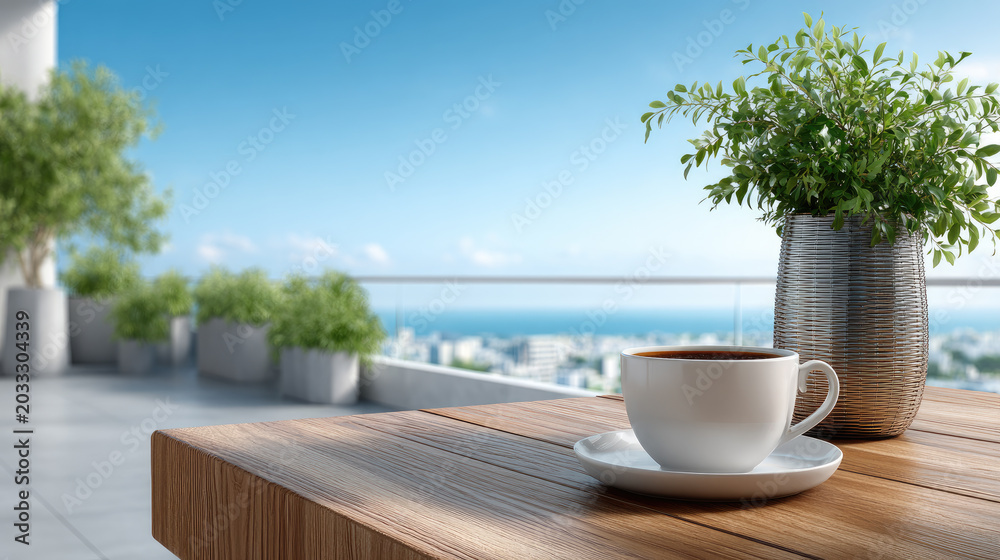 Fototapeta premium Morning coffee on a hotel terrace overlooking a coastal city and sparkling blue sea, enjoying a relaxing breakfast moment during vacation travel, embracing luxury accommodation and serene views