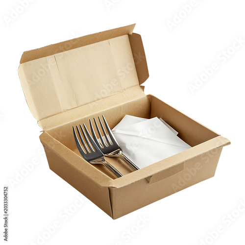 Open cardboard takeaway food box with two plastic forks and a white napkin inside, isolated on transparent background