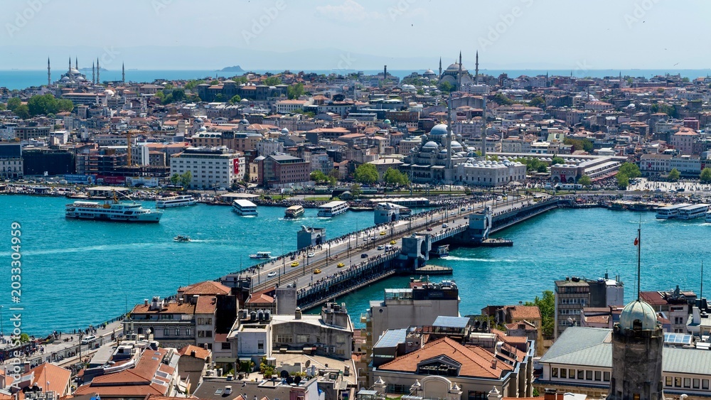 Fototapeta premium Istanbul, Turkey - May 19, 2026: Panoramic view of Istanbul, Turkey, showing the city skyline, buildings, urban neighborhoods, rooftops, and scenic cityscape.