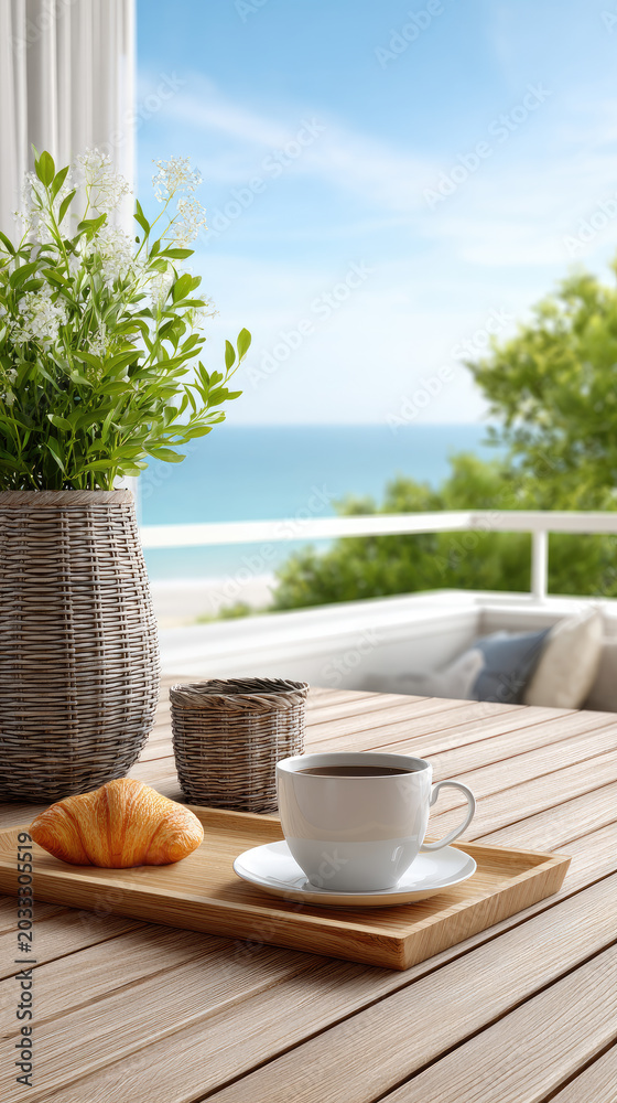 Fototapeta premium Morning pastry and coffee on a hotel terrace overlooking a tranquil ocean, a perfect scene for a luxury vacation or relaxing breakfast experience
