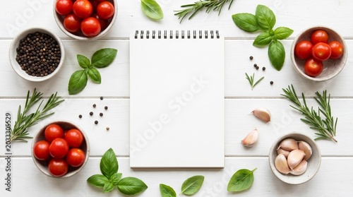 Blank Recipe Book Mockup with Fresh Cooking Ingredients	
