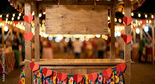 Rustic Wooden Festival Booth Decorated with Red Hearts