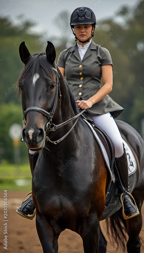 Obraz premium Woman riding a beautiful black horse. 