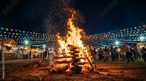 Glowing Bonfire with Blurred Festa Junina Village Stalls