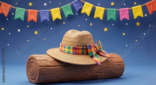 Soft Clay Illustration of Straw Hat and Festa Junina Flags