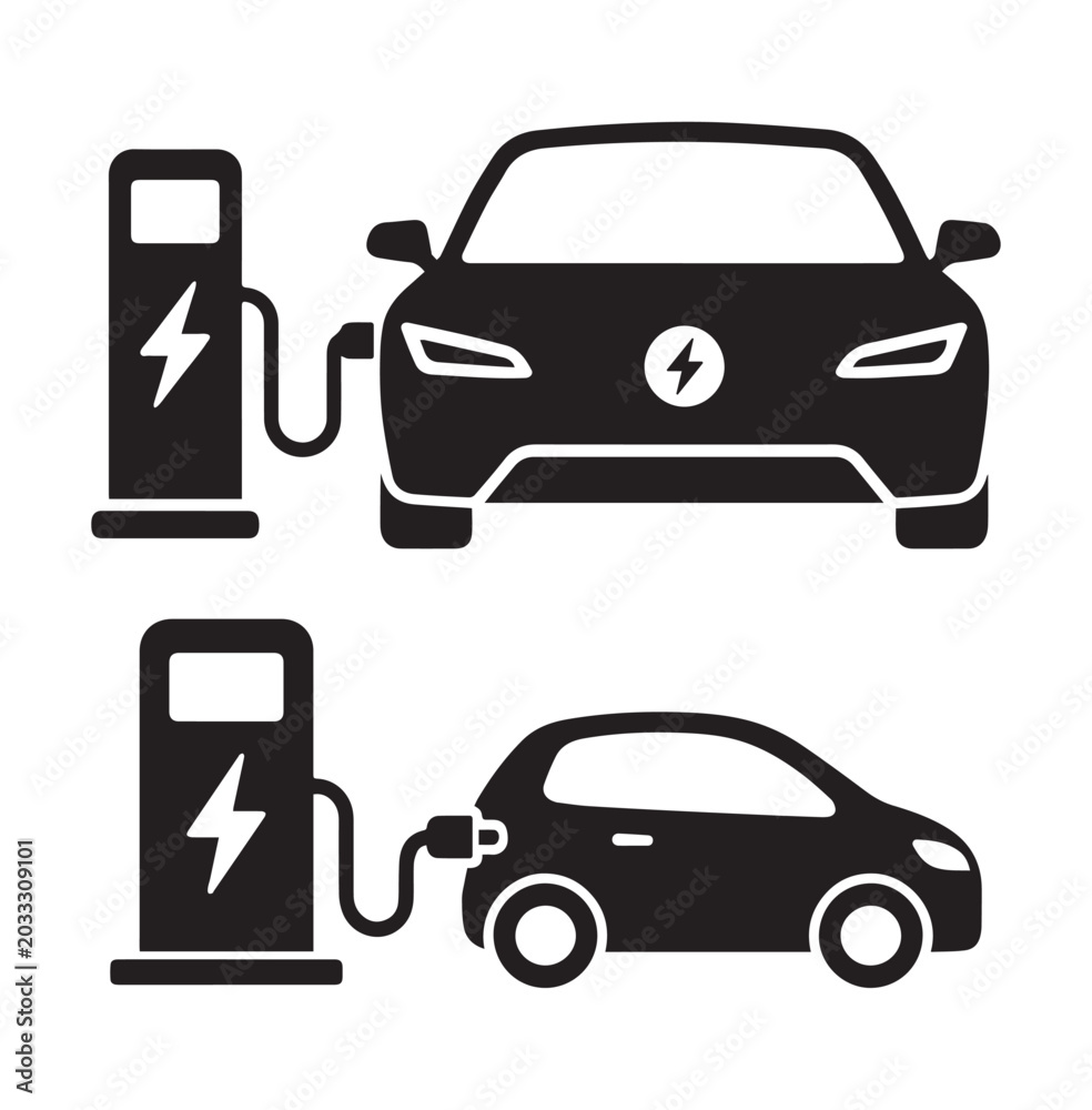 Naklejka premium Electric Vehicle Charging Station Icon Set Featuring Modern EV Cars and Power Charger Symbols in Minimalist Black Silhouette Vector Illustration Design