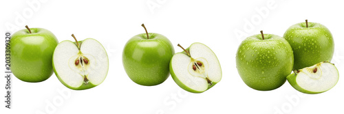 Schilderij op canvas Set and collection of fresh green granny smith apples whole and cut halves juicy