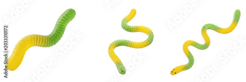 Photos Set and collection of long yellow and green gummy worm candy sweet confectionery