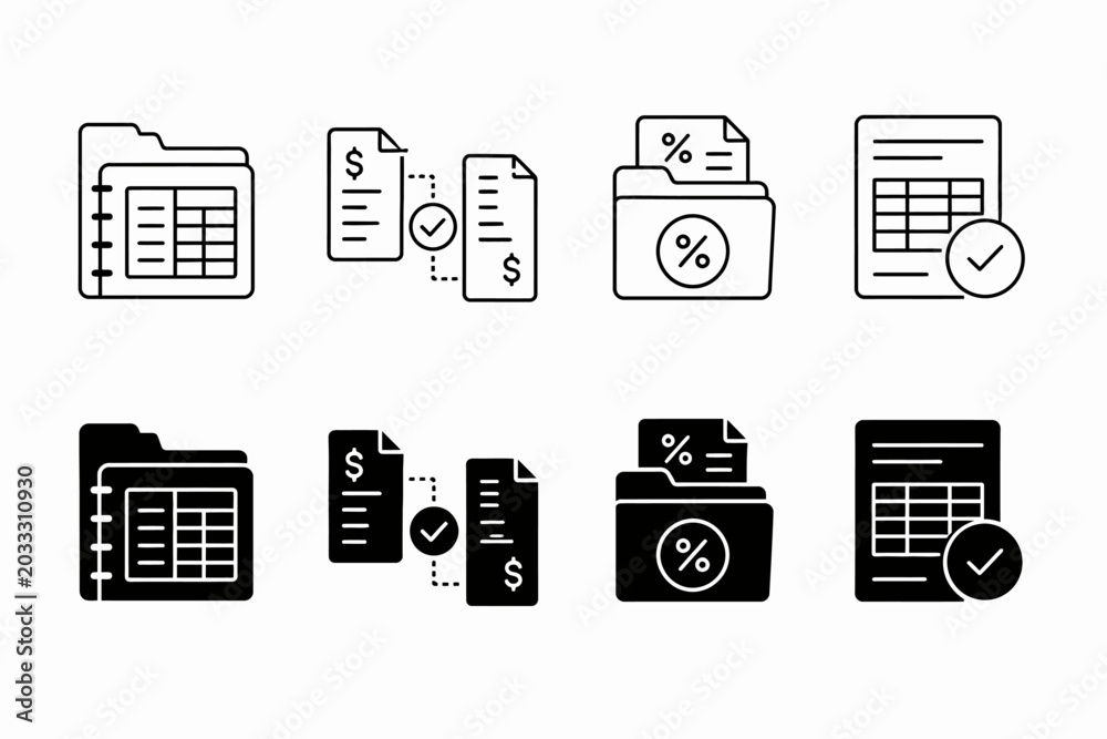Fototapeta premium Finance document icons: folder, invoice, percentage, checklist in line and solid styles