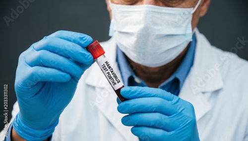 Hantavirus Test Positive in Medical Gloved Hands, Masked Person Holding Blood Sample Tube, Clinical Close Up, Lab Safety