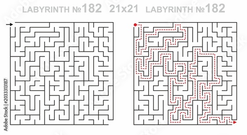 Complex maze path 21x21 with solution. Solved maze vector for adults. Maze challenge with answers. Hard difficulty.