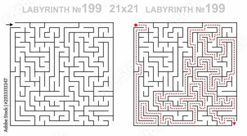 Solved maze vector 21x21 with answer key. Square labyrinth for kids activity. Maze challenge with answers. Easy to use.
