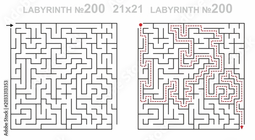 Square labyrinth 21x21 with solution. Maze for kids activity. Labyrinth game grid with answers. Medium difficulty.