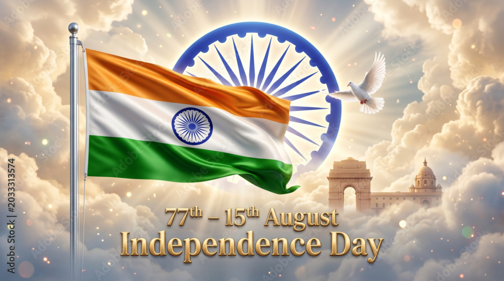 Fototapeta premium Patriotic India independence celebration with waving national flag and peaceful heritage sky background