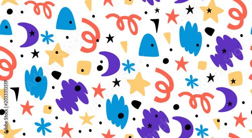 Funky seamless pattern of trendy groovy bold shapes, hand drawn illustration.