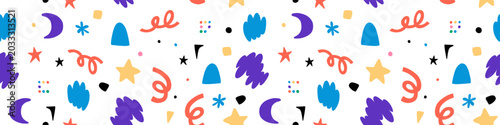 Funky seamless pattern of trendy groovy bold shapes, hand drawn illustration.