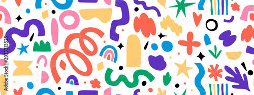 Funky seamless pattern of trendy groovy bold shapes, hand drawn illustration.