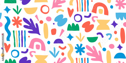 Funky seamless pattern of trendy groovy bold shapes, hand drawn illustration.