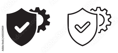 Safety shield icon with checkmark and cogwheel for secure configuration and settings authorization.