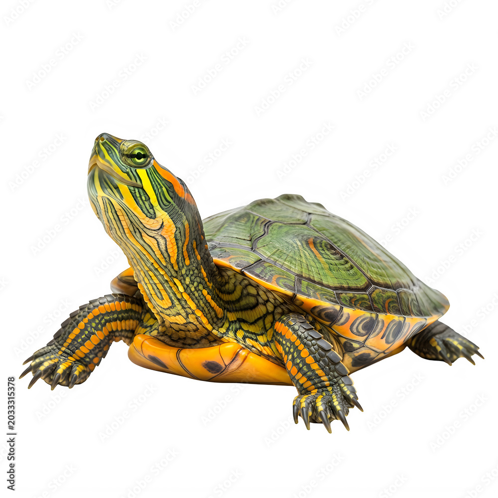 Fototapeta premium Small painted turtle with yellow and green patterns isolated on transparent background