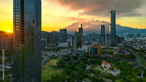 Fotografi Modern Business District Skyline and Saddle Mountain at Golden Sunrise San Pedro