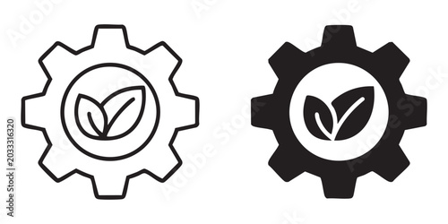Gear with leaves icon outline and solid fill representing eco industry.