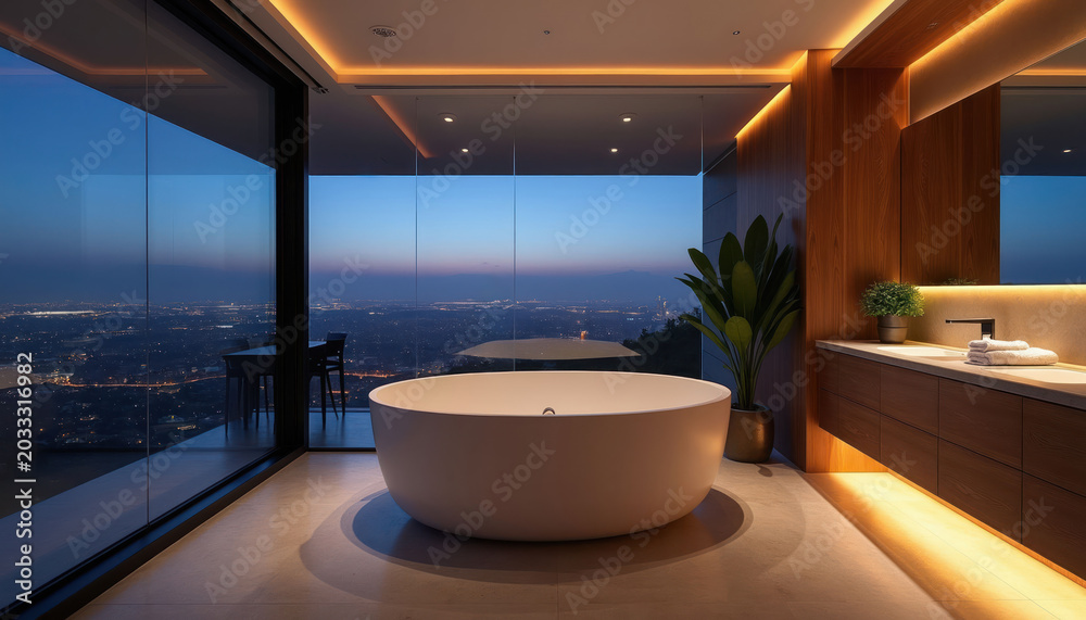 Fototapeta premium Luxury bathroom with freestanding tub near large window overlooking city at night. Modern interior design with wood accents, ambient lighting creates serene bathing experience. Enjoy relaxing evening.