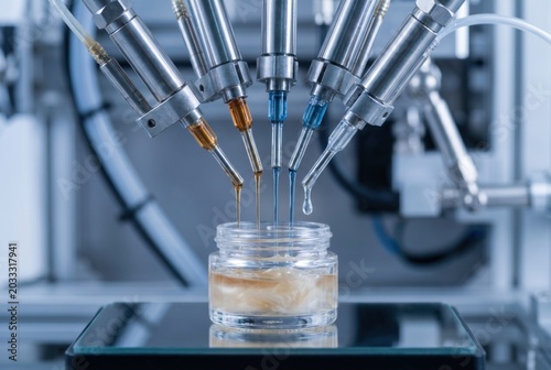 Automated industrial robotic machine precisely filling glass jar with cosmetic liquid product