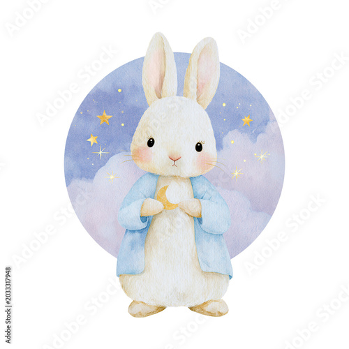 Dreamy Lunar Bunny Under Starry Sky isolated on transparent background