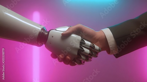 A close up shot features a hand wearing a white cuff and a dark suit sleeve against a vibrant pink and blue gradient background