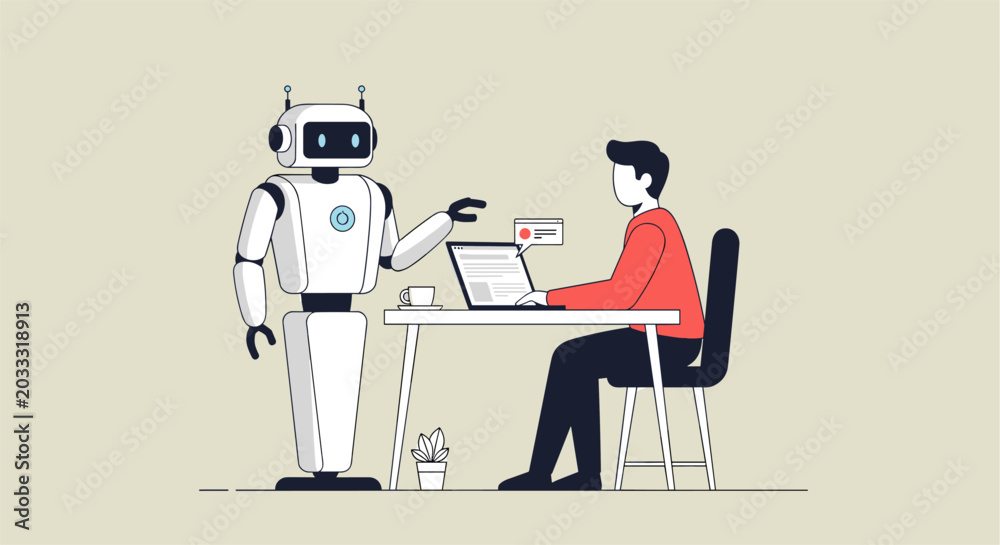 Fototapeta premium Illustration of A robot stands beside a man working on a laptop at a desk in an office setting.