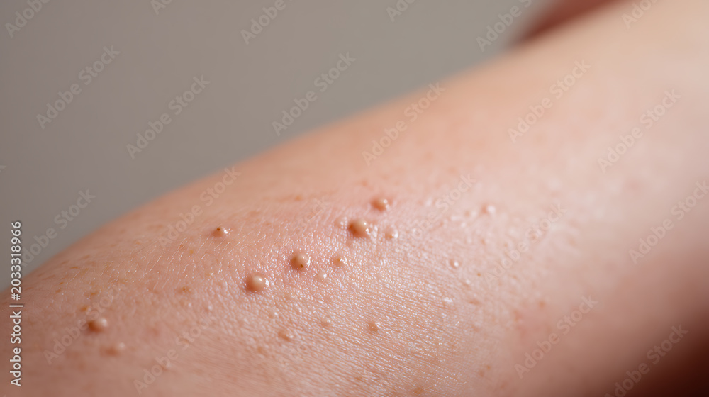 Fototapeta premium Close-up of human skin with numerous small, elevated lesions, highlighting common dermatological conditions on a light-toned background