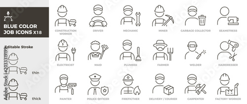Blue collar job icons. Skilled trades, manual labor, industrial workers and service occupations thin line icon set. Editable stroke vector illustrations.