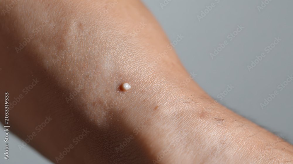 Naklejka premium Close-up of a human arm with a small, pale growth on the skin surface, showing minor skin imperfections and texture against a soft grey background