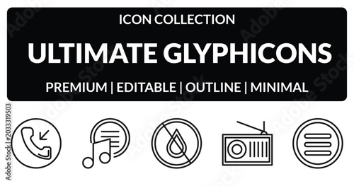 Foto outline ultimate glyphicons icons set - incoming calls, music menu, old radio with antenna, menu bars